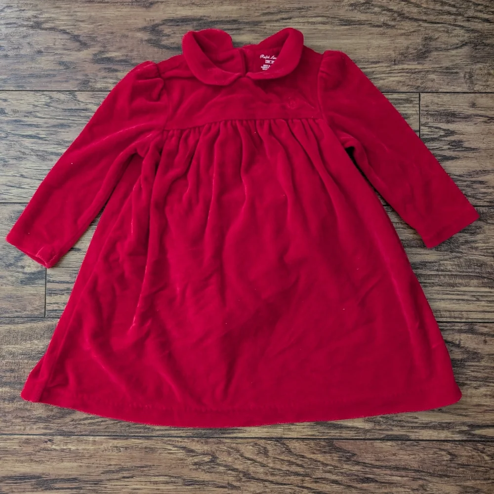 $ Ralph‎ Lauren Red Velour Collared Dress